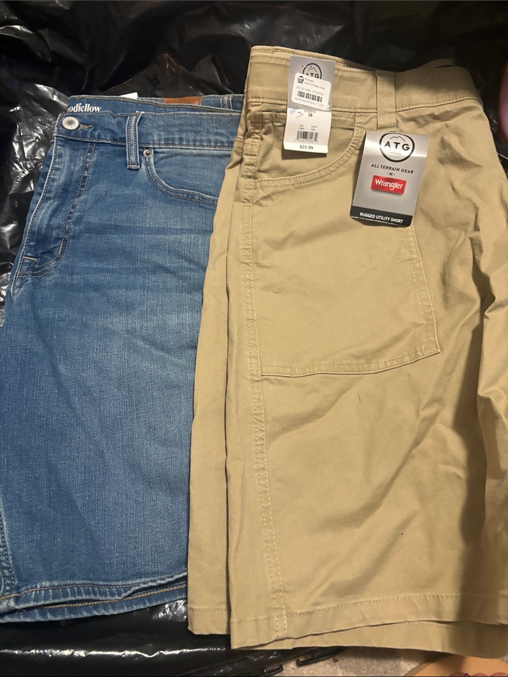 Wrangler Tan Utility Shorts with Light Blue Denim good fellow shorts